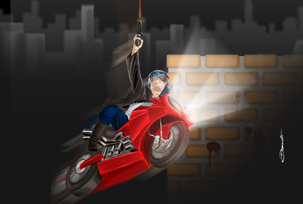 Motoqueiro atirador em estilo anime/mangá - by Danilo Aroeira
